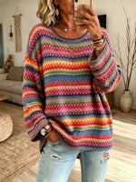 Women Ethnic Geometric Stripe Crew Neck Loose Long Sleeve Knit Sweater