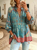 Women's Teal Vintage Ethnic Botanical Border Print Stand Collar Bubble Sleeve Blouse