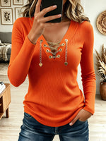 Women's V Neck Gold Chain Lace Up Ribbed Knit Top, Heart Charm Slim Fit Blouse