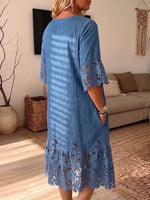 Vintage Elegant Denim Patchwork Hollowed Out Lace Dress