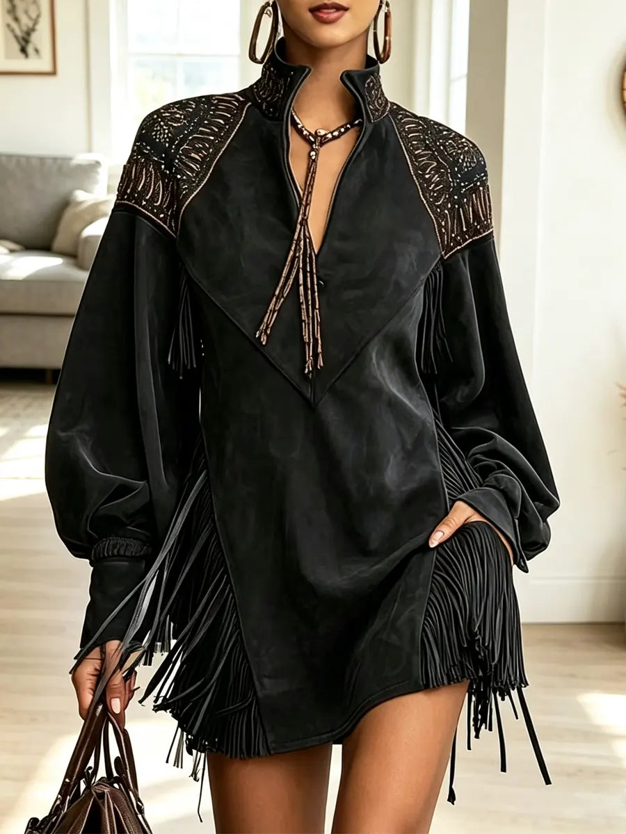 Vintage Western Fringe Art Casual Stylish Long Sleeve Mini Dress