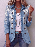 Vintage Elegant Shiny Denim Patchwork Ruffled Buttons Jacket