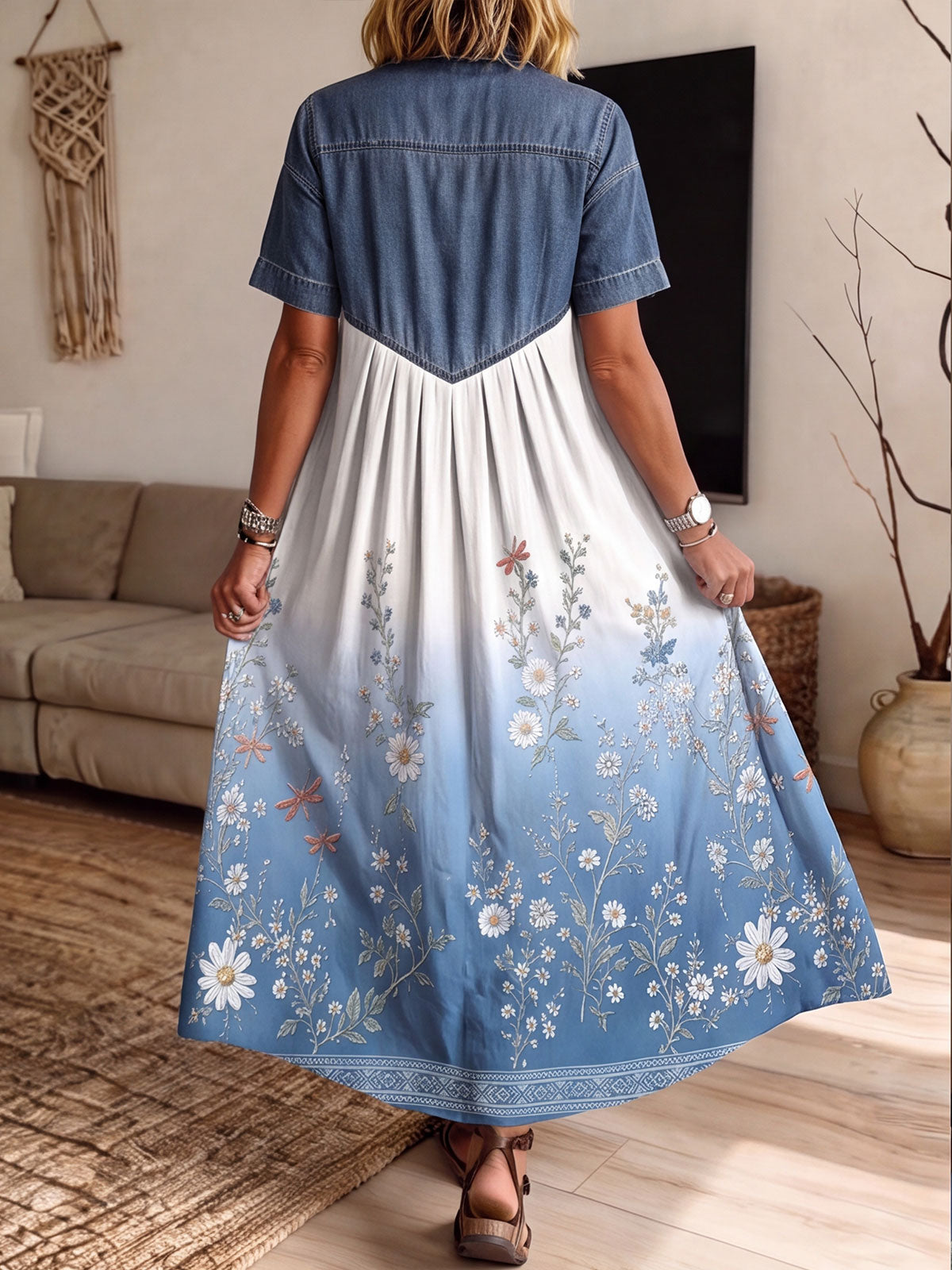 Women’s Denim Spliced Gradient Floral Dragonfly Print Loose Midi Dress With Pockets