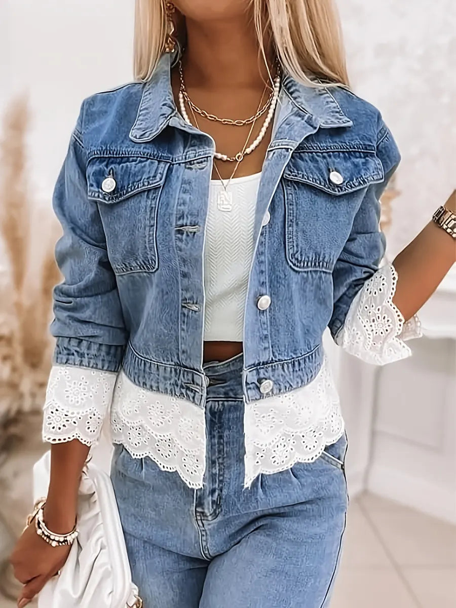 Retro Fashion Floral Lace Art Patchwork Lapel Casual Stylish Denim Coat