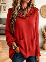 Vintage Elegant Waffle Knit Ruffled Pockets Hoodie Shirt