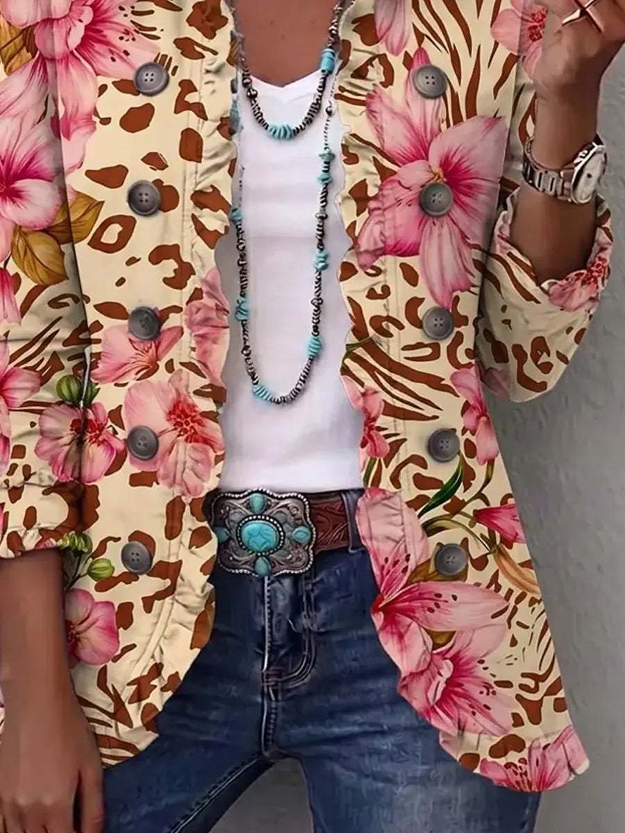 Retro Leopard Floral Patchwork Pattern Art Print Ruffle Casual Stylish Cotton Lapel Coat