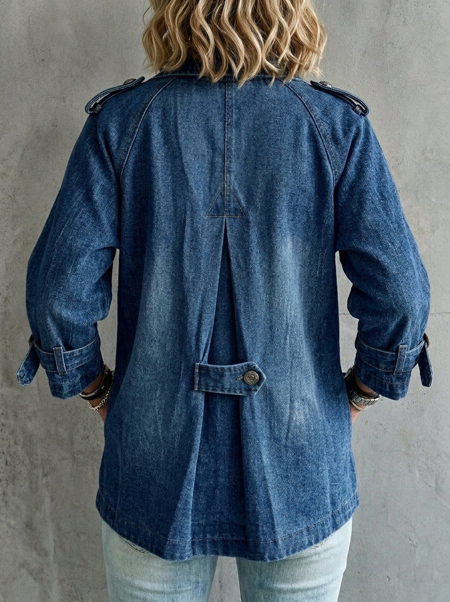 Vintage Washed Denim Pea Coat – Lapel Collar Utility Jacket