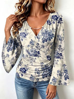 Retro Floral Pattern Art Print Casual Stylish Cotton V Collar Shirt