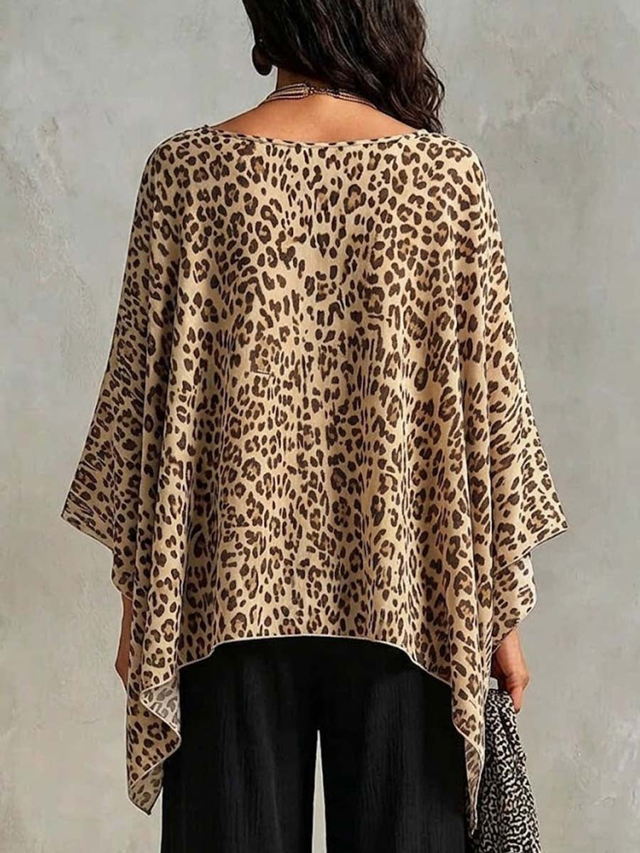 Retro Leopard Pattern Art Stylish Casual 3/4 Batwing Sleeve Top