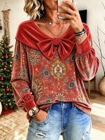 Retro Floral Pattern Bow Art Casual Stylish Long Sleeve Velvet Shirt