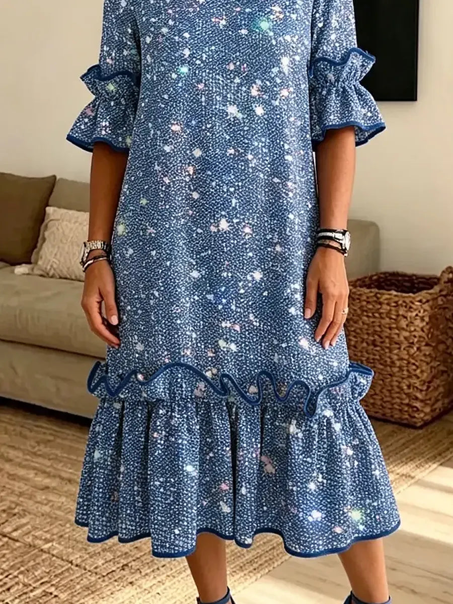 Retro Shiny Stars Pattern Art Print Casual Ruffle Stylish Cotton Linen Dress