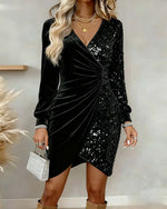 Velvet Sequin Patchwork Wrap Mini Dress Long Sleeve V‑Neck Party Cocktail Dress