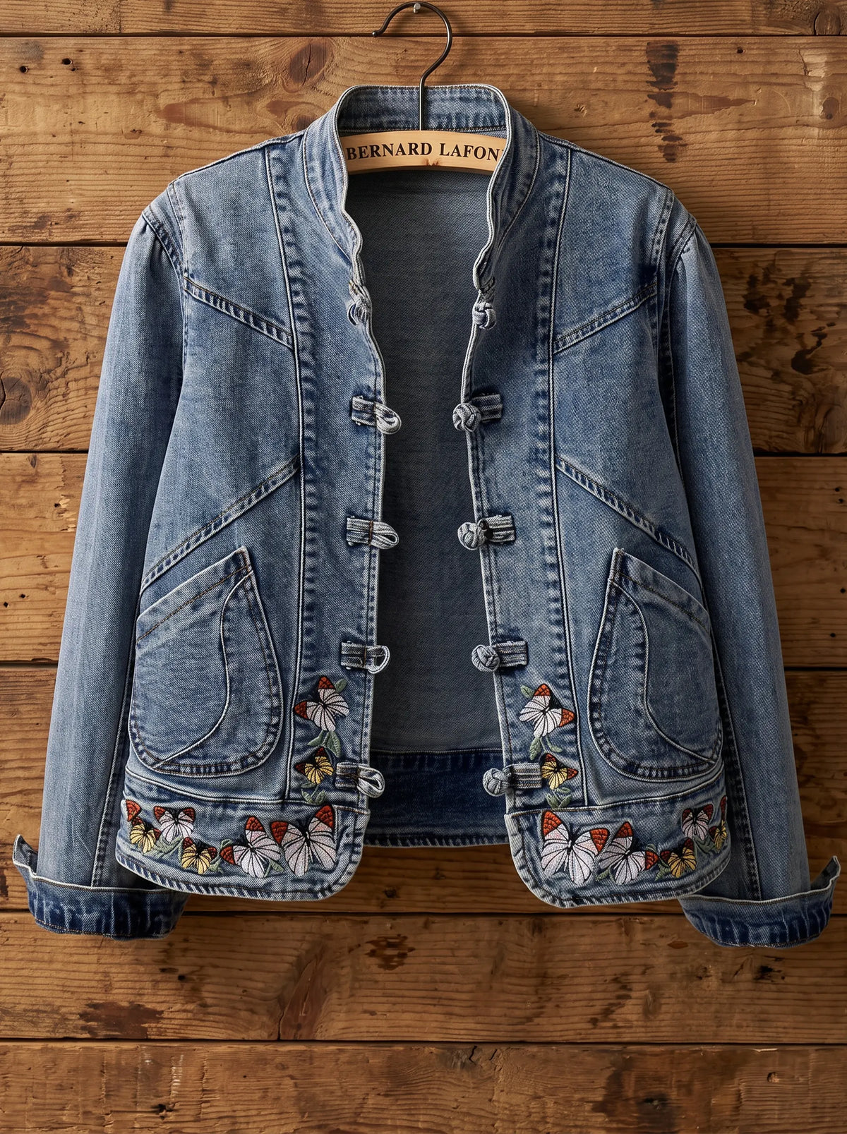 Retro Washed Denim Jacket with Butterfly Embroidery & Mandarin Knot Closure