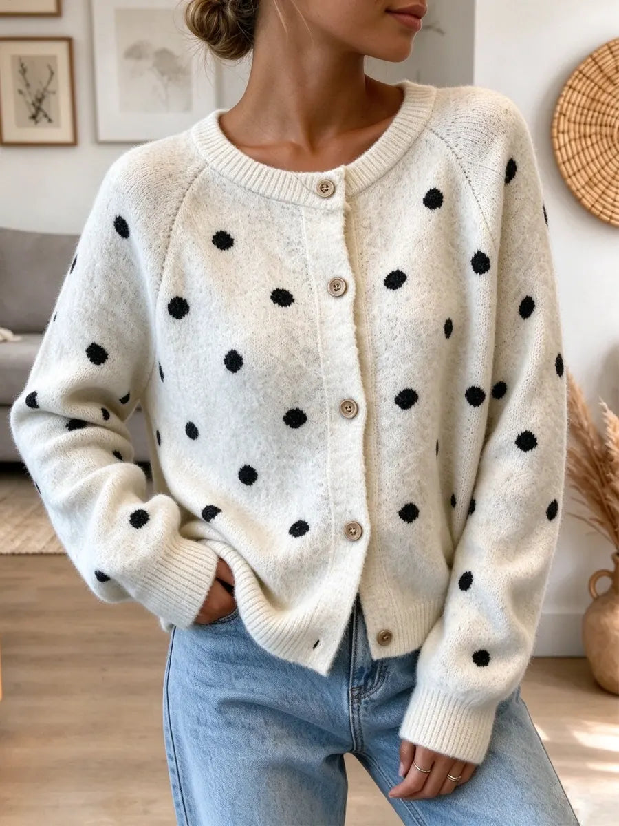 Retro Polka Dot Knit Art Casual Stylish Long Sleeve Cardigan Sweater