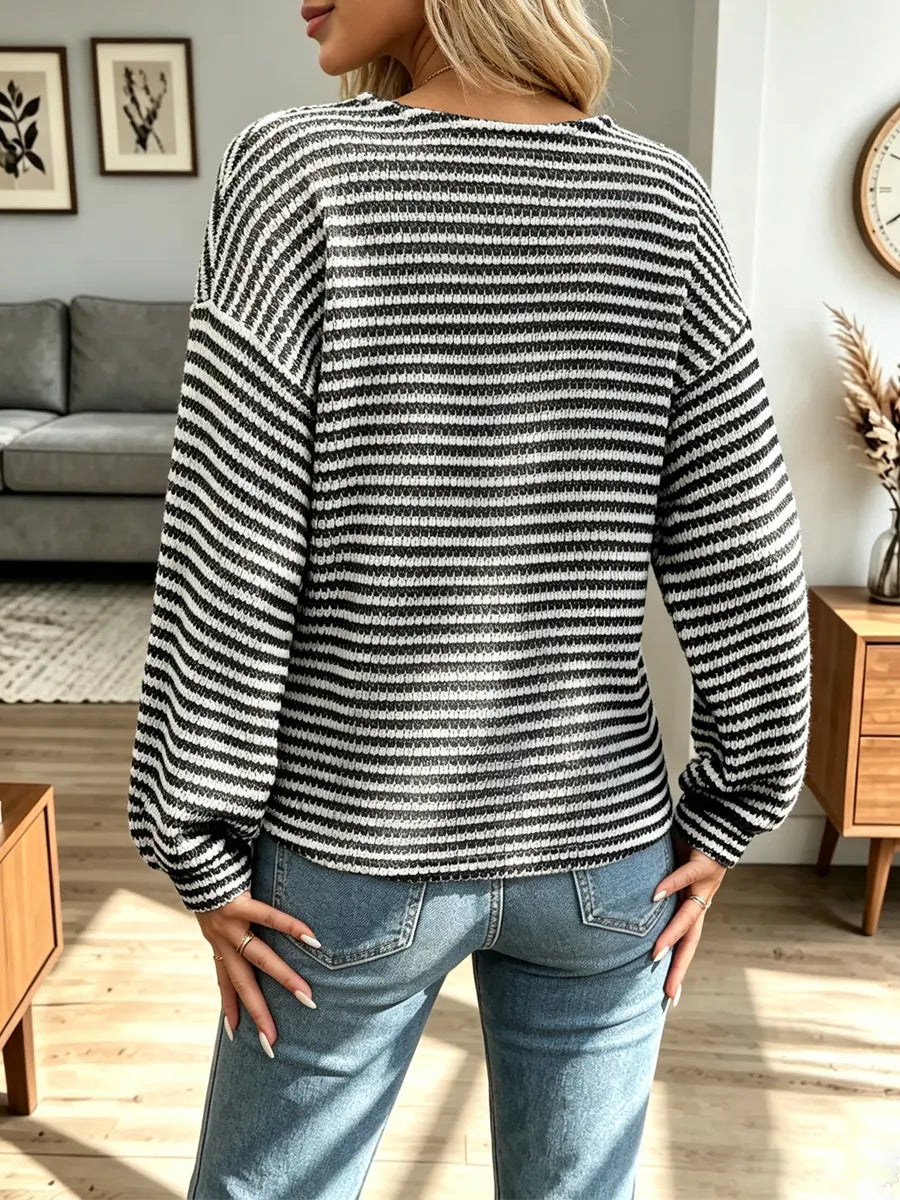 Retro Stripe Art V Collar Casual Stylish Long Sleeve Cotton Shirt