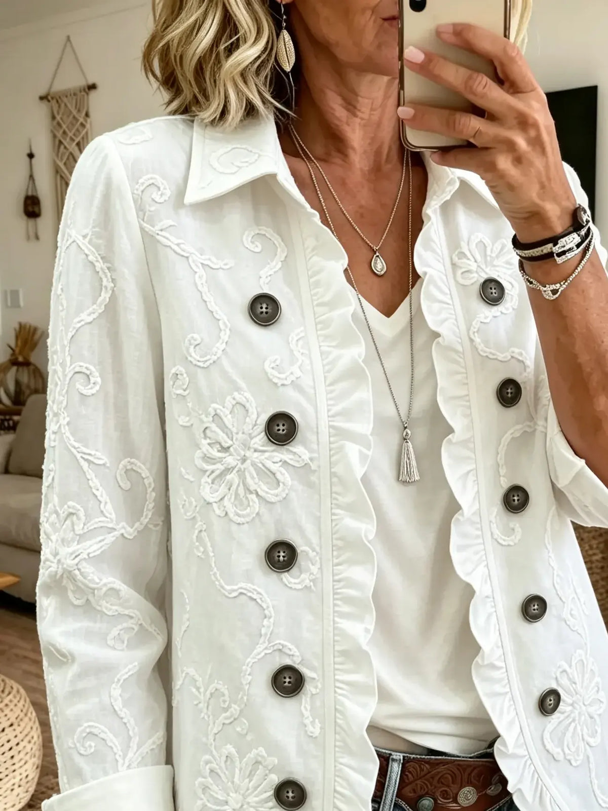 Women's Solid Ruffled Lapel Long Sleeve Jacket