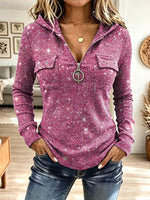 Vintage Pink Shiny Pattern Zip Art Casual Stylish Hooded Long Sleeve Top