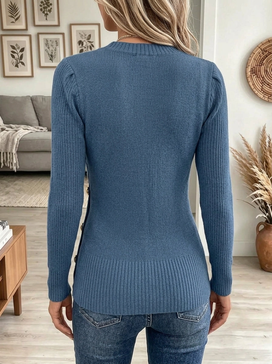 Women's Crossover V-Neck Button Ribbed Knit Sweater