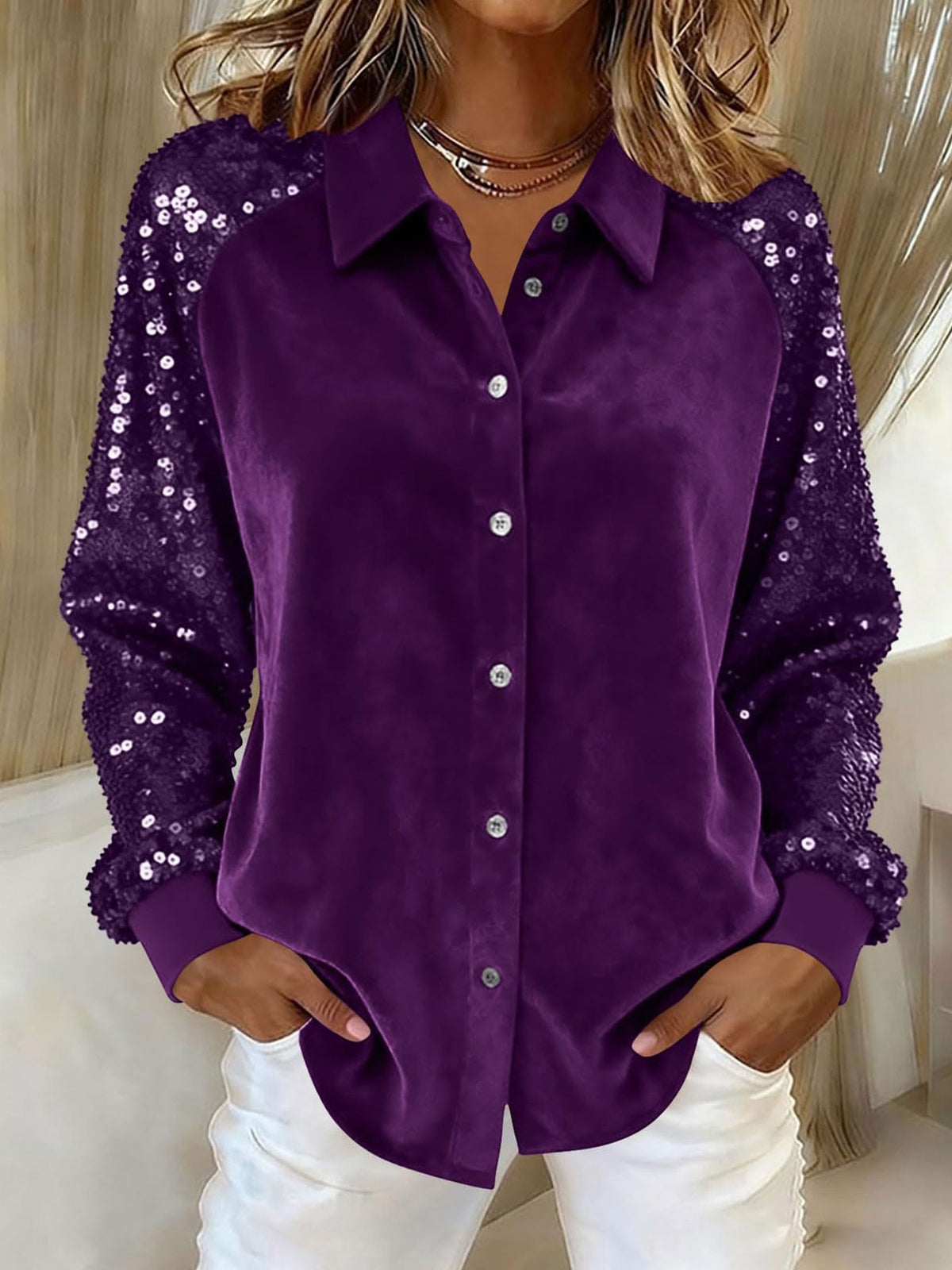 Velvet Sequin Raglan Sleeve Shirt, Button‑Down Party Blouse for Women