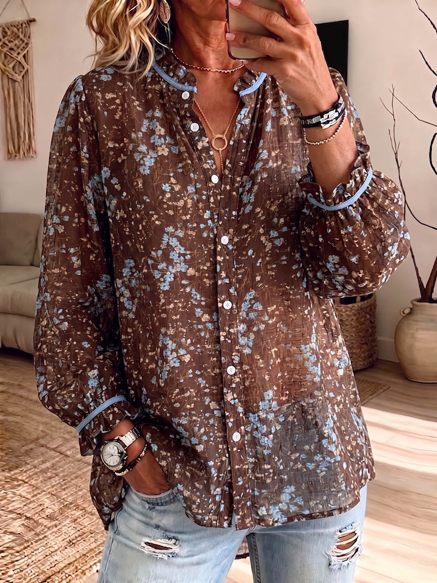 Vintage Elegant Button Long Sleeve Patterned Shirt