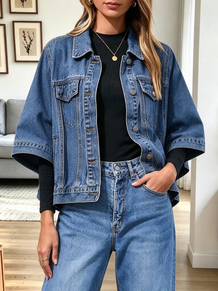 Vintage Classic Lapel Art Casual Stylish 3/4 Sleeve Denim Coat