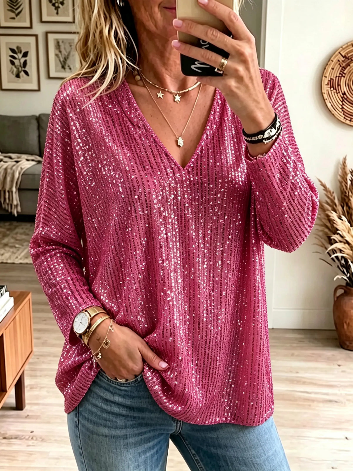 Women's Sequin V-Neck Tunic Top