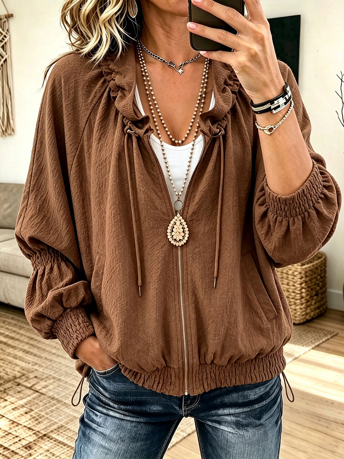 Women Drawstring Ruched Collar Full‑Zip Batwing Sleeve Textured Jacket