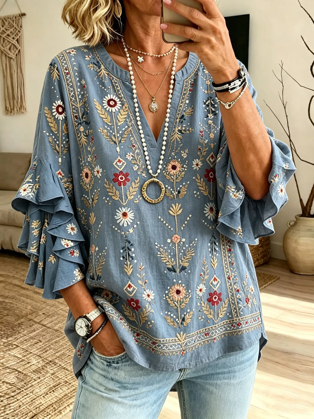 Women's Floral Ruffle Sleeve Blouse