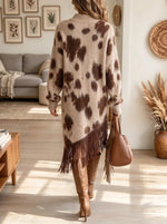 Women's Cow Print Fringe Knit Sweater Dress