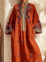 Retro Ethnic Pattern Art Print Casual Stand Collar Cotton Linen Maxi Dress
