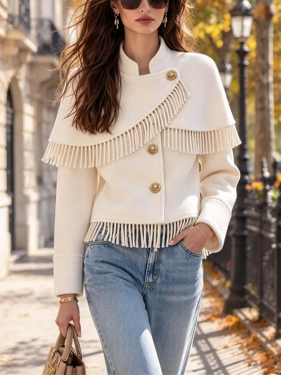 Retro Elegant Chic Fringe Art Casual Stylish Stand Collar Long Sleeve Coat