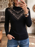 Women's Black Mock Neck Long Sleeve Top with Sparkling Rhinestone Scroll Pattern
