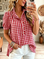Retro Plaid Pattern Art Ruffle Casual Stylish Short Sleeve Shirt