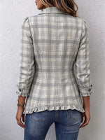 Retro Plaid Pattern Art Print Ruffle Casual Stylish Cotton Lapel Coat