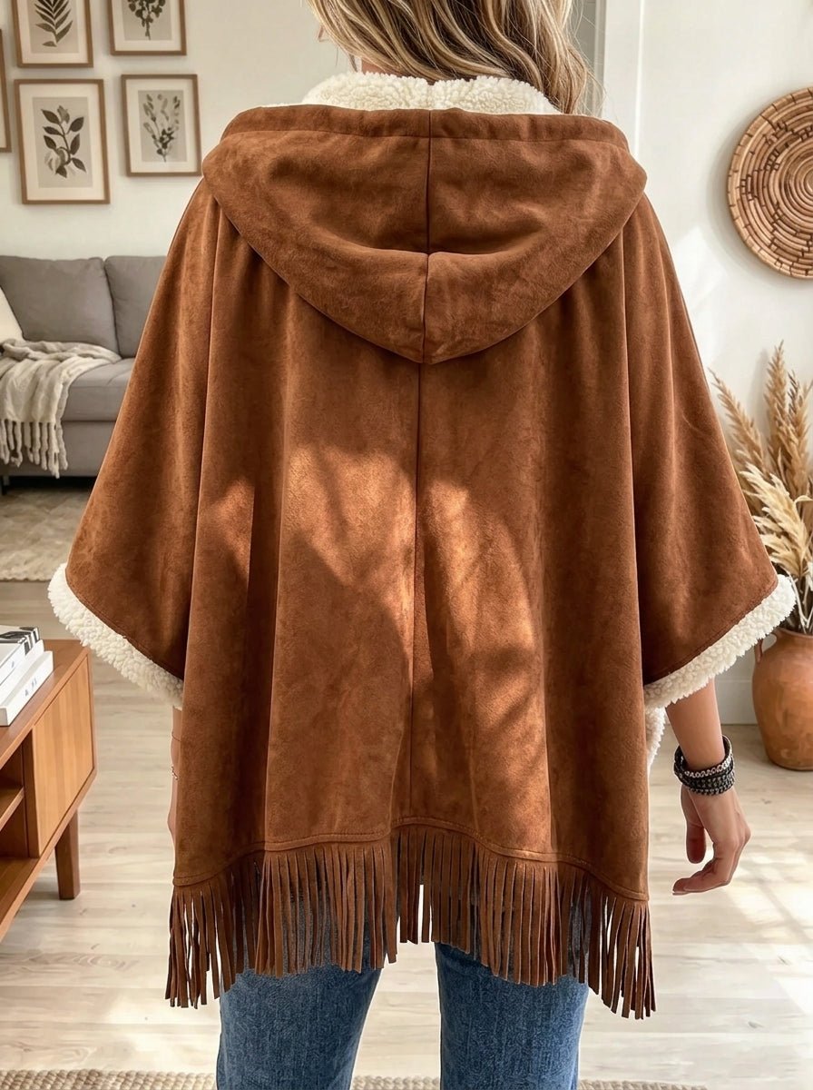 Women's Sherpa Trim Fringe Poncho Jacket