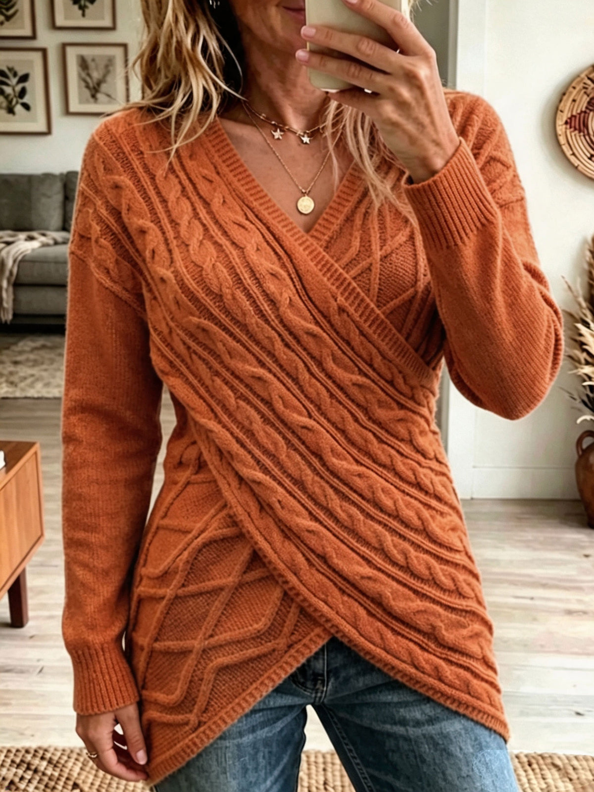 Cable Knit Wrap V‑neck Sweater, Asymmetrical Hem Long Sleeve Pullover