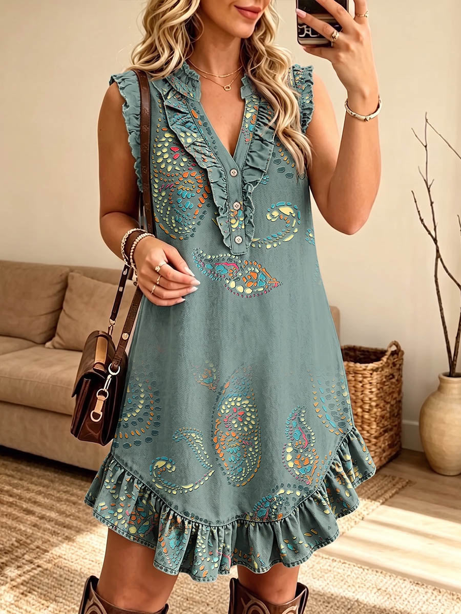 Vintage Elegant Patterned Print Patchwork Trim Ruffle Dress