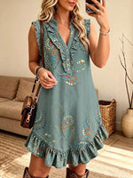 Vintage Elegant Patterned Print Patchwork Trim Ruffle Dress
