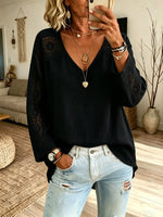 Women Solid Hollow Lace Spliced V-Neck 3/4 Sleeve Linen Blend Top