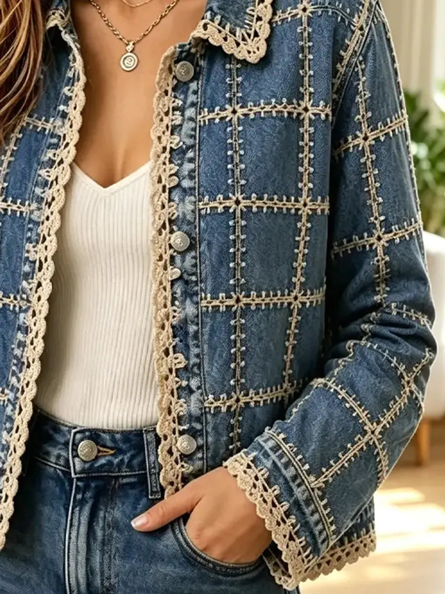 Retro Floral Lace Patchwork Casual Stylish Long Sleeve Denim Lapel Coat