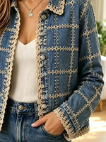 Retro Floral Lace Patchwork Casual Stylish Long Sleeve Denim Lapel Coat