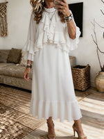 Women White Chiffon Midi Dress Ruffle High Neck Flare 3/4 Sleeve Ruffled Hem Wedding Guest Dress