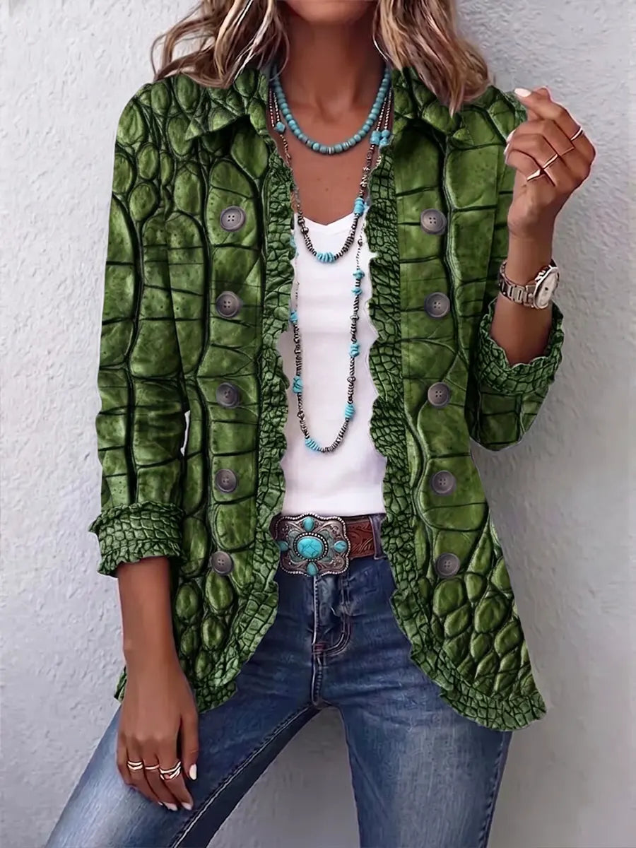 Retro Crocodile Pattern Art Print Ruffle Casual Stylish Cotton Lapel Coat