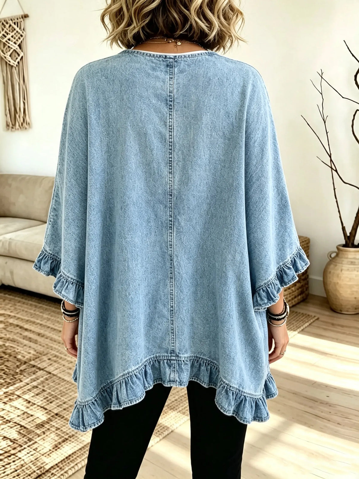 Women's Ruffled Hem Open-Front Denim Cardigan