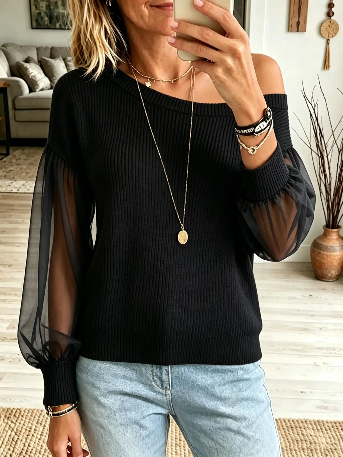 Women's Off-the-Shoulder Sheer Sleeve Knit Top