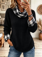 Women's Plaid Contrast Cowl Neck Waffle Knit Top