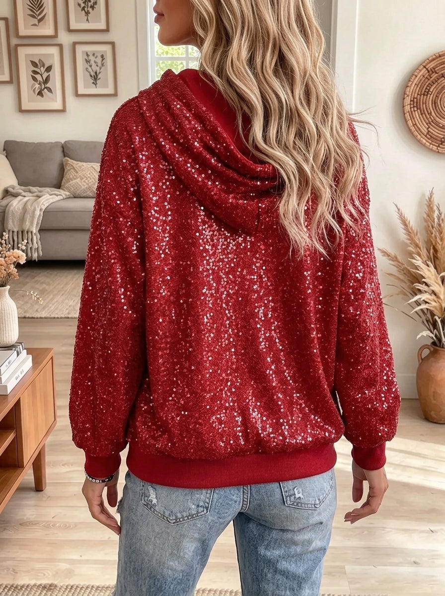 Women's Rhinestone Santa Print Drawstring Hoodie