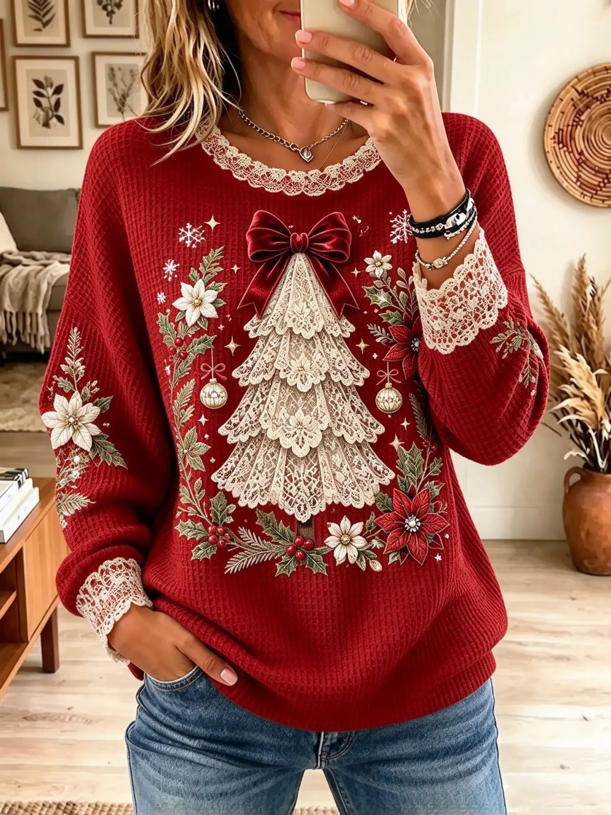 Women's Lace Trim Print Christmas Tree Waffle Knit Top