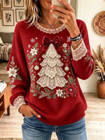Women's Lace Trim Print Christmas Tree Waffle Knit Top