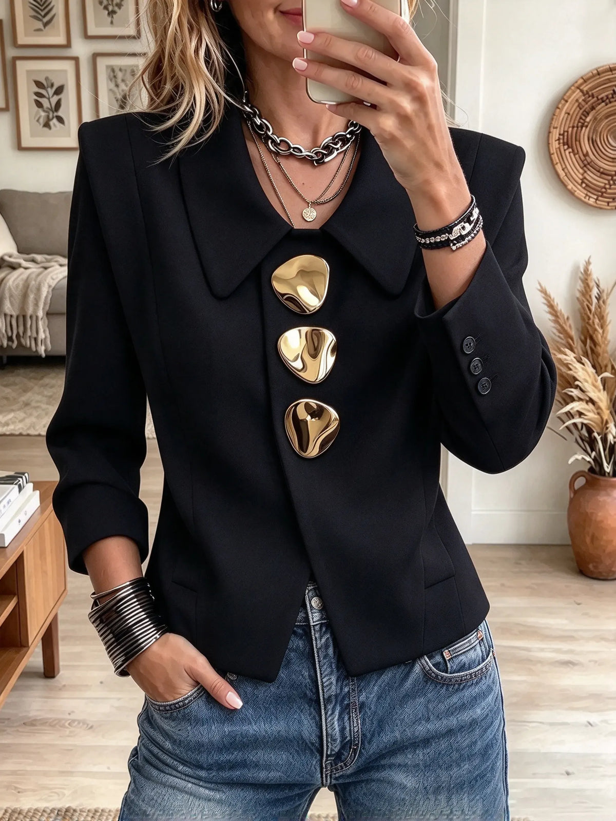 Women's Gold Button Statement Blazer